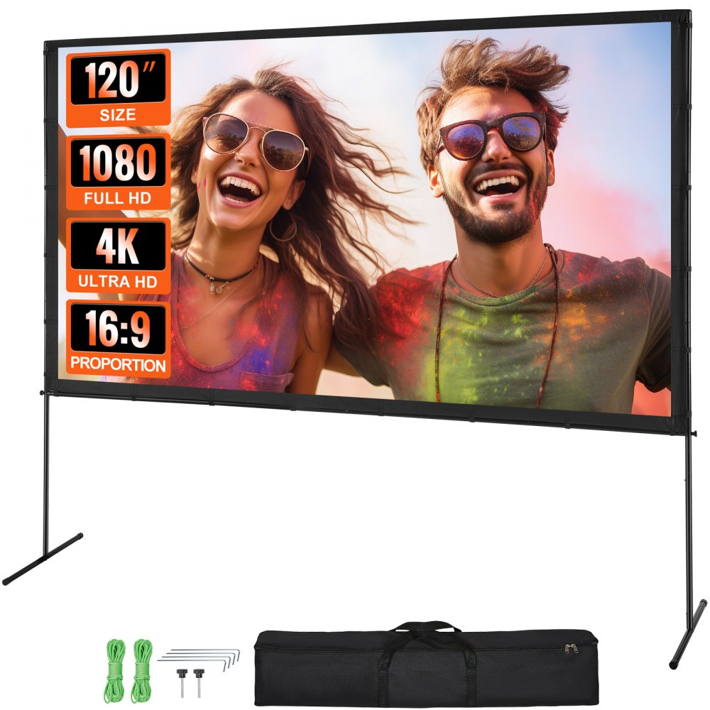 VEVOR Projektion Beamer Leinwand mit Ständer 304,8 cm HD 4K Outdoor Indoor Projektor Screen Schnelles Klappbare Tragbare Filmleinwand 16: 9 für Heimkino, Camping, Freizeitveranstaltungen usw. Schwarz