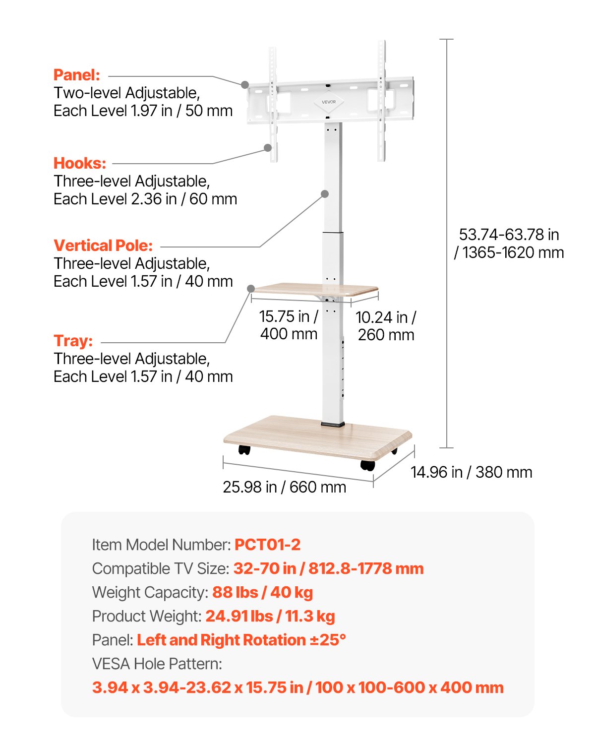 VEVOR rollbarer TV-Ständer Fernsehständer für 812,8-1778 mm TVs bis zu 40 kg, 25° Links-Rechts-Drehung & höhenverstellbare TV-Halterung mit Ablage für Schlafzimmer Wohnzimmer (max. 600 x 400 mm)