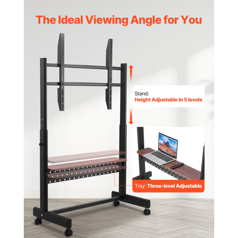 VEVOR Rolling TV Stand TV Cart for 1397-2540 mm Screens, Height-Adjustable Portable Monitor Stand with Shelf, Supports up to 92.99 kg, for Living Room, Bedroom, Office (Max VESA 800 x 600 mm)