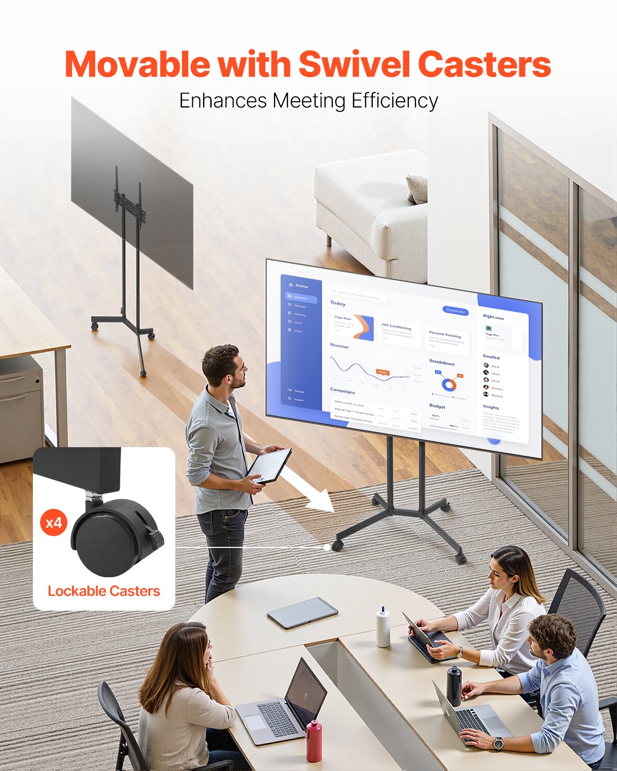 VEVOR rollbarer TV-Ständer Standfuß Fernsehstand für 812,8-1651 mm flach & Curved-TVs, höhenverstellbarer TV Bodenständer bis zu 40 kg (Max. VESA 400 x 400 mm) für Wohnzimmer Schlafzimmer