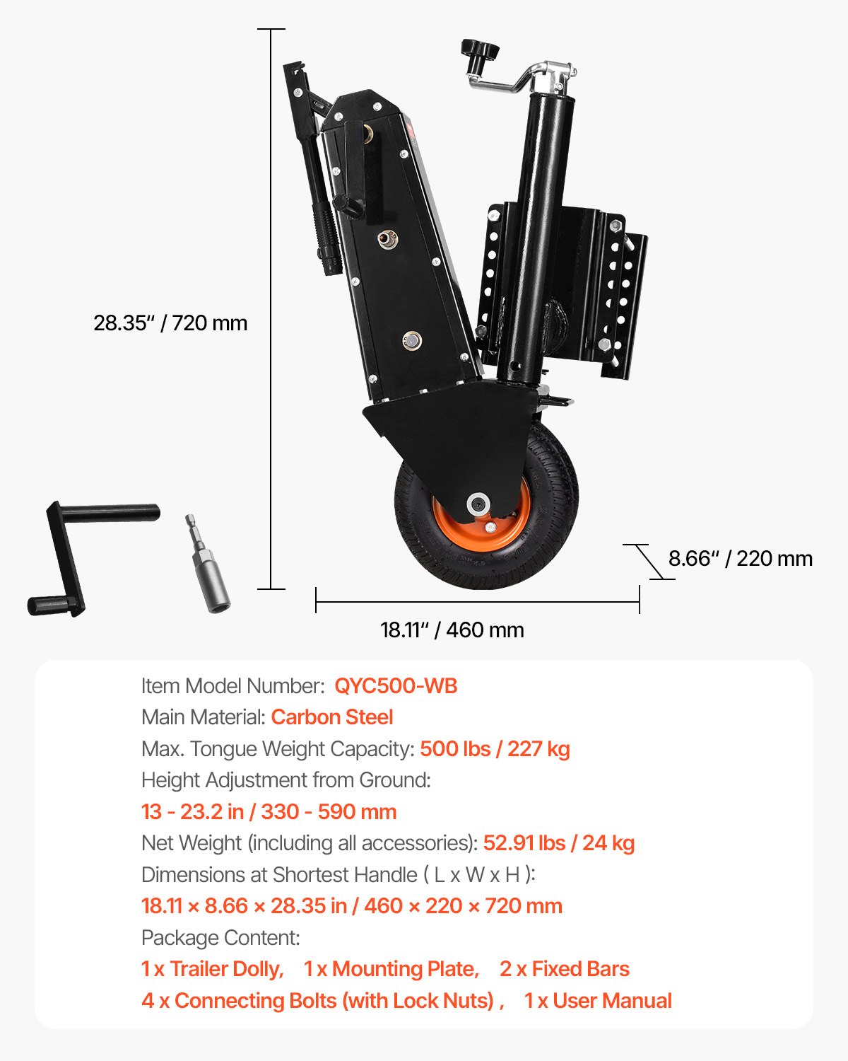 VEVOR Anhängerwagen Rangierhilfe, 227 kg Stützlast, 330–590 mm Höhe, 22,8 cm pneumatischer Gummireifen, manueller oder elektrischer Schlüsselantrieb, zum Bewegen von Wohnmobilanhängern