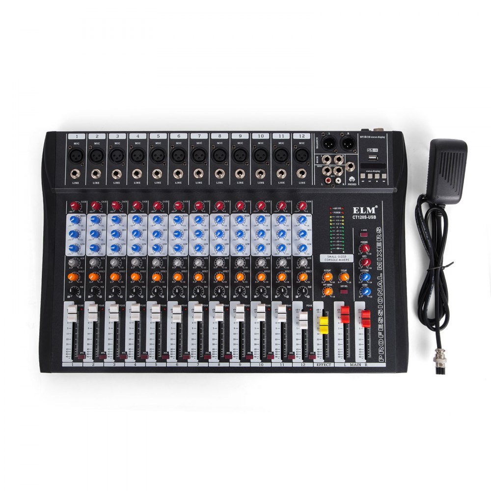 12 Kanäle Mic Line Audiomixer Mischpult Usb Xlr Eingang 3-band-eq 48v + Netzteil