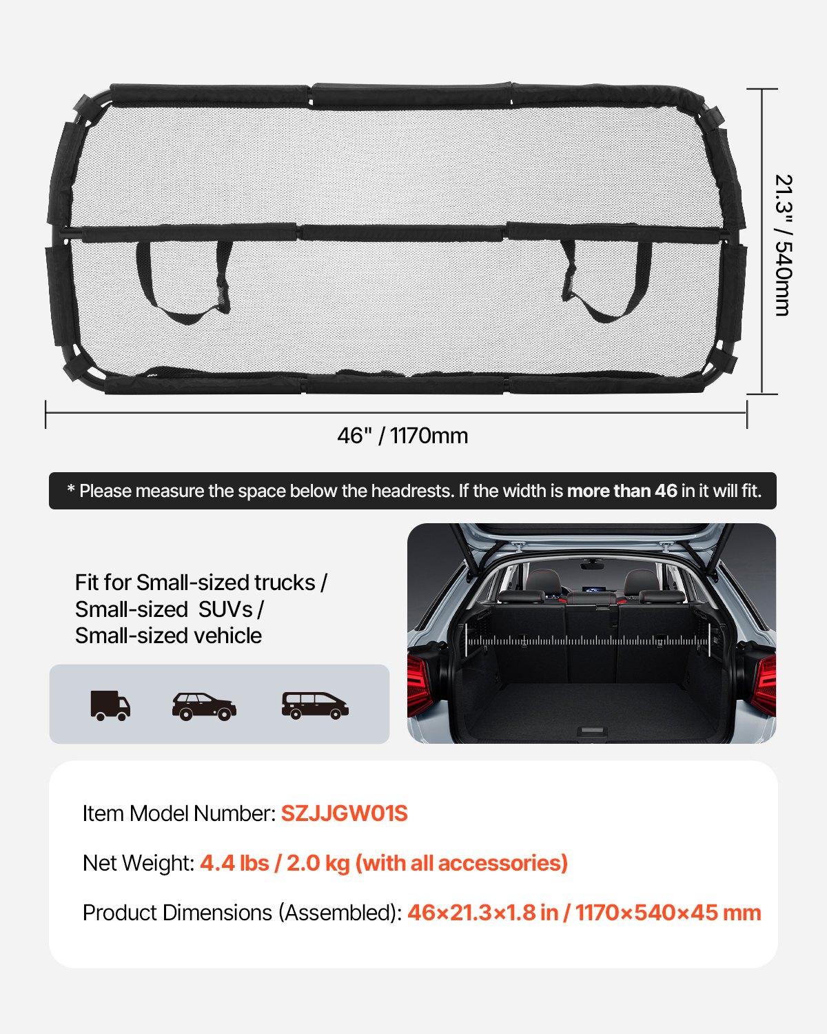 VEVOR Hunde Autobarriere 1167 mm breite Trennwand Hundegitter Autoschutzgitter Haustierbarriere mit Netzgewebe, universell passende Hunde-Autobarriere für SUVs Lkws Fahrzeuge, schwarz