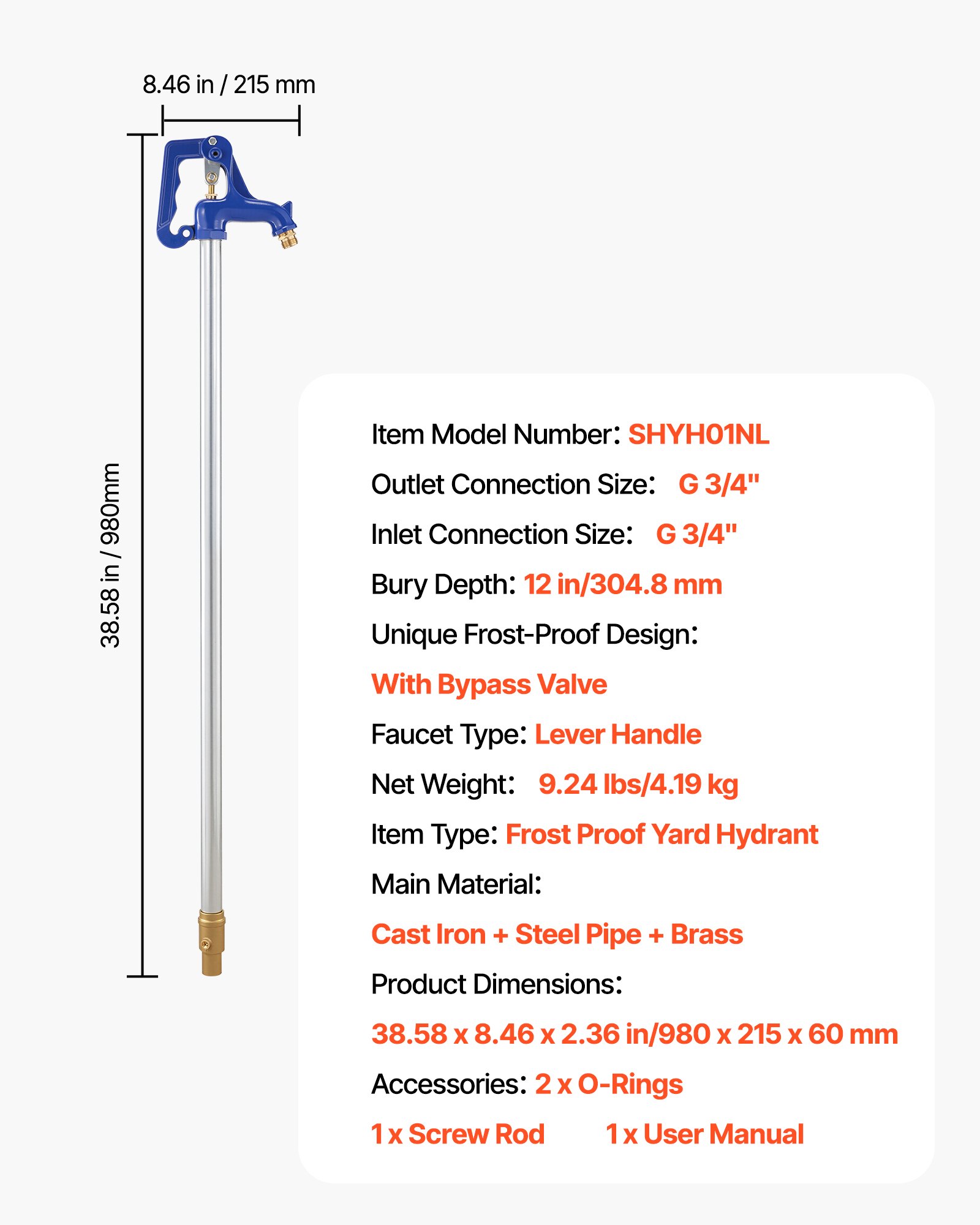 VEVOR Frostsicherer Gartenhydrant, 980 mm, Außenwasserhahn mit 304,8 mm Eingrabetiefe, G 3/4 Zoll Rohranschluss & Schlauchkupplung, bleifreier Hydrant für Bewässerung von Garten & Bauernhof
