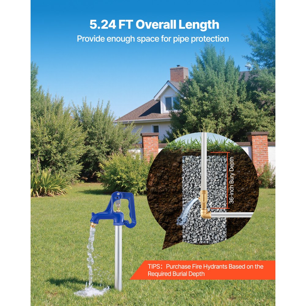 VEVOR Frostsicherer Hofhydrant, 1595 mm, Außenwasserhahn mit 91,4 cm Eingrabetiefe, G 3/4 Zoll Rohranschluss & Schlauchkupplung, bleifreier Hydrant für die Bewässerung von Garten & Bauernhof