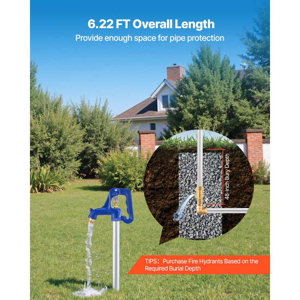 VEVOR Frostsicherer Gartenhydrant, 1895 mm, Außenwasserhahn mit 1219,2 mm Eingrabetiefe, G 3/4 Zoll Rohranschluss & Schlauchkupplung, bleifreier Hydrant für Bewässerung von Garten & Bauernhof