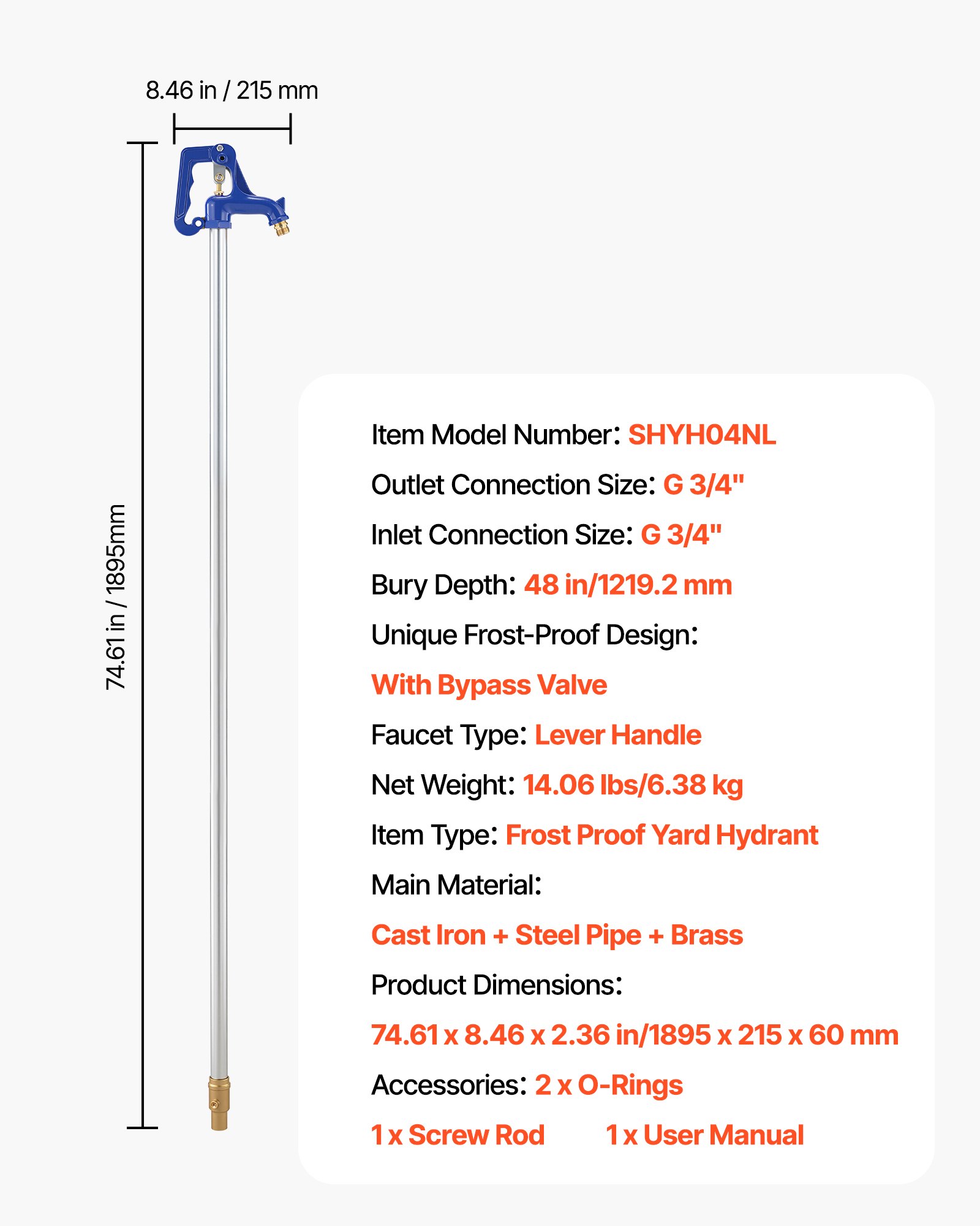 VEVOR Frostsicherer Gartenhydrant, 1895 mm, Außenwasserhahn mit 1219,2 mm Eingrabetiefe, G 3/4 Zoll Rohranschluss & Schlauchkupplung, bleifreier Hydrant für Bewässerung von Garten & Bauernhof