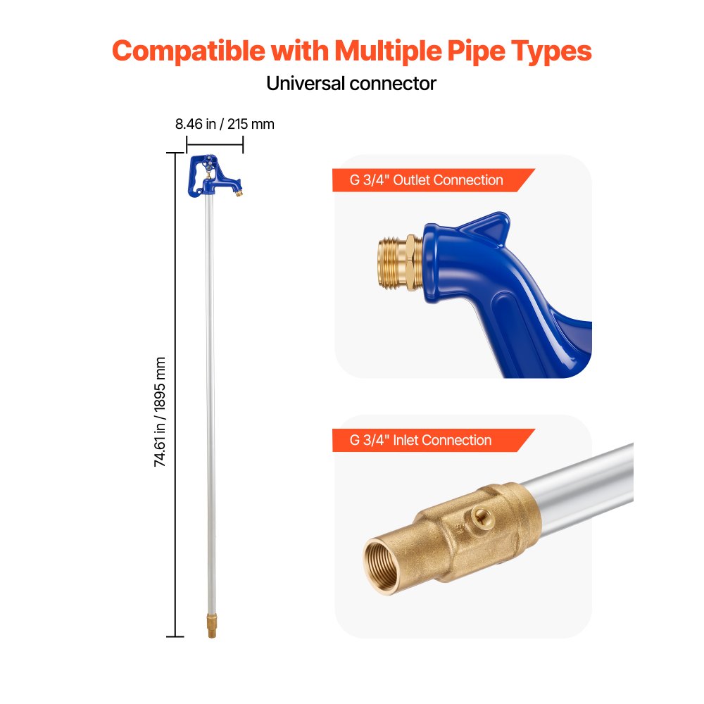 VEVOR Frostsicherer Hofhydrant, 1895 mm, Außenwasserhahn mit 1219,2 mm Eingrabetiefe, G 3/4 Zoll Rohranschluss, Hebelgriff + Handrad, bleifreier Gartenhydrant für Bewässerung von Garten & Bauernhof