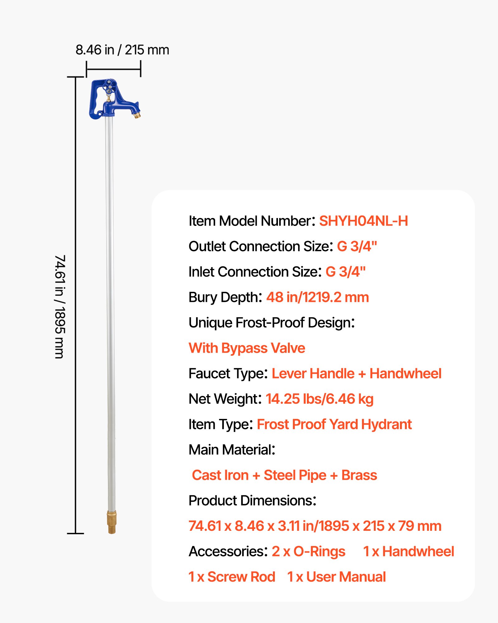 VEVOR Frostsicherer Hofhydrant, 1895 mm, Außenwasserhahn mit 1219,2 mm Eingrabetiefe, G 3/4 Zoll Rohranschluss, Hebelgriff + Handrad, bleifreier Gartenhydrant für Bewässerung von Garten & Bauernhof