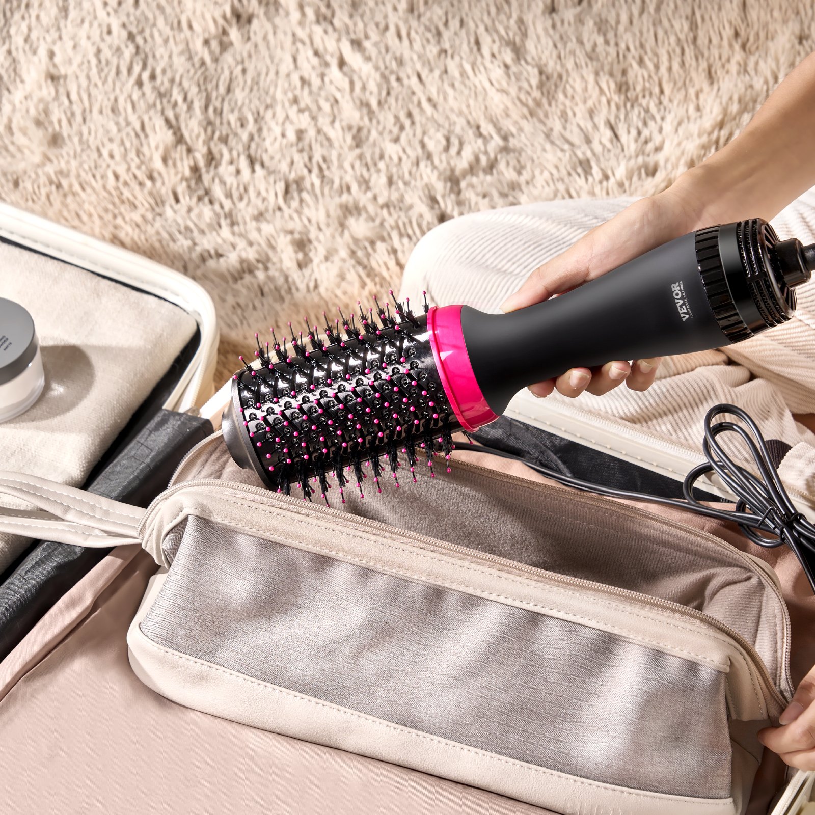 VEVOR Warmluftbürste Set, 4-in-1 Airstyler, Hairstyler mit 65 mm ovalem Zylinder mit Keramikbeschichtung und 3 Heizstufen, professionelle Heißluft-Stylingbürste zum Glätten, Trocknen und Locken