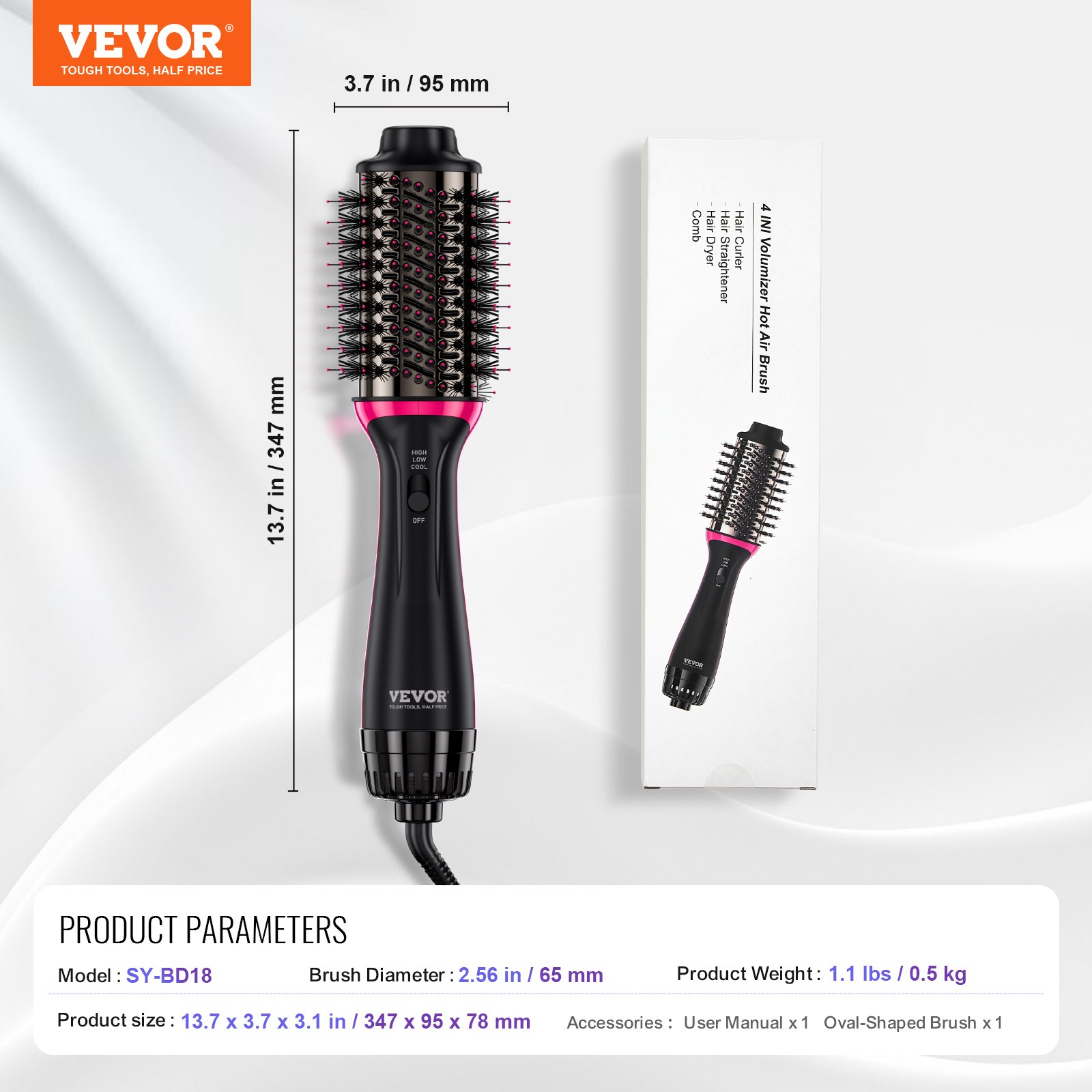 VEVOR Warmluftbürste, 4-in-1 Hairstyler und Volumizer mit galvanisiertem Titan und 65 mm ovalem Zylinder mit Keramikbeschichtung, 3-stufige Heißluft-Stylingbürste zum Trocknen, Glätten, Locken