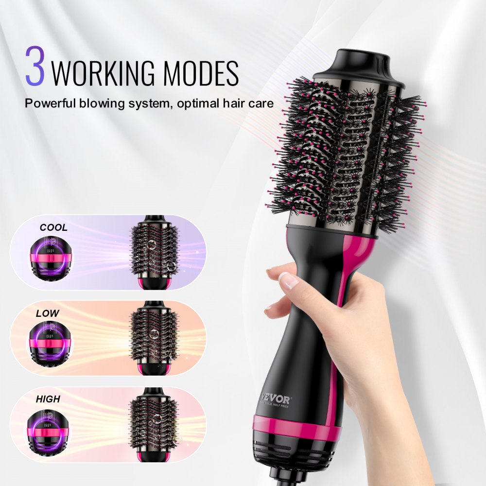 VEVOR Warmluftbürste, 4-in-1 Hairstyler und Volumizer mit galvanisiertem Titan und 75 mm ovalem Zylinder mit Keramikbeschichtung, 3-stufige Heißluft-Stylingbürste zum Trocknen, Glätten, Locken