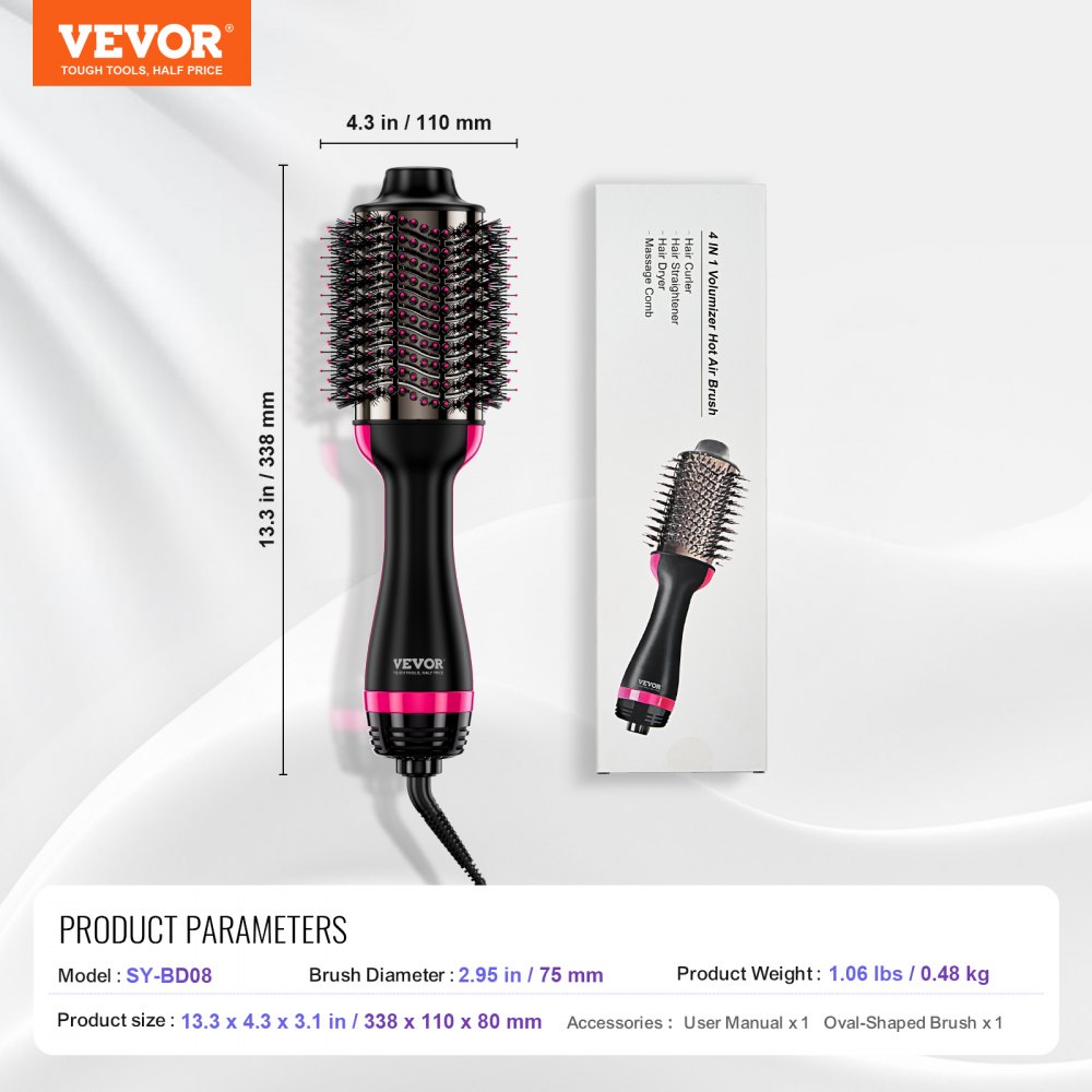 VEVOR Warmluftbürste, 4-in-1 Hairstyler und Volumizer mit galvanisiertem Titan und 75 mm ovalem Zylinder mit Keramikbeschichtung, 3-stufige Heißluft-Stylingbürste zum Trocknen, Glätten, Locken