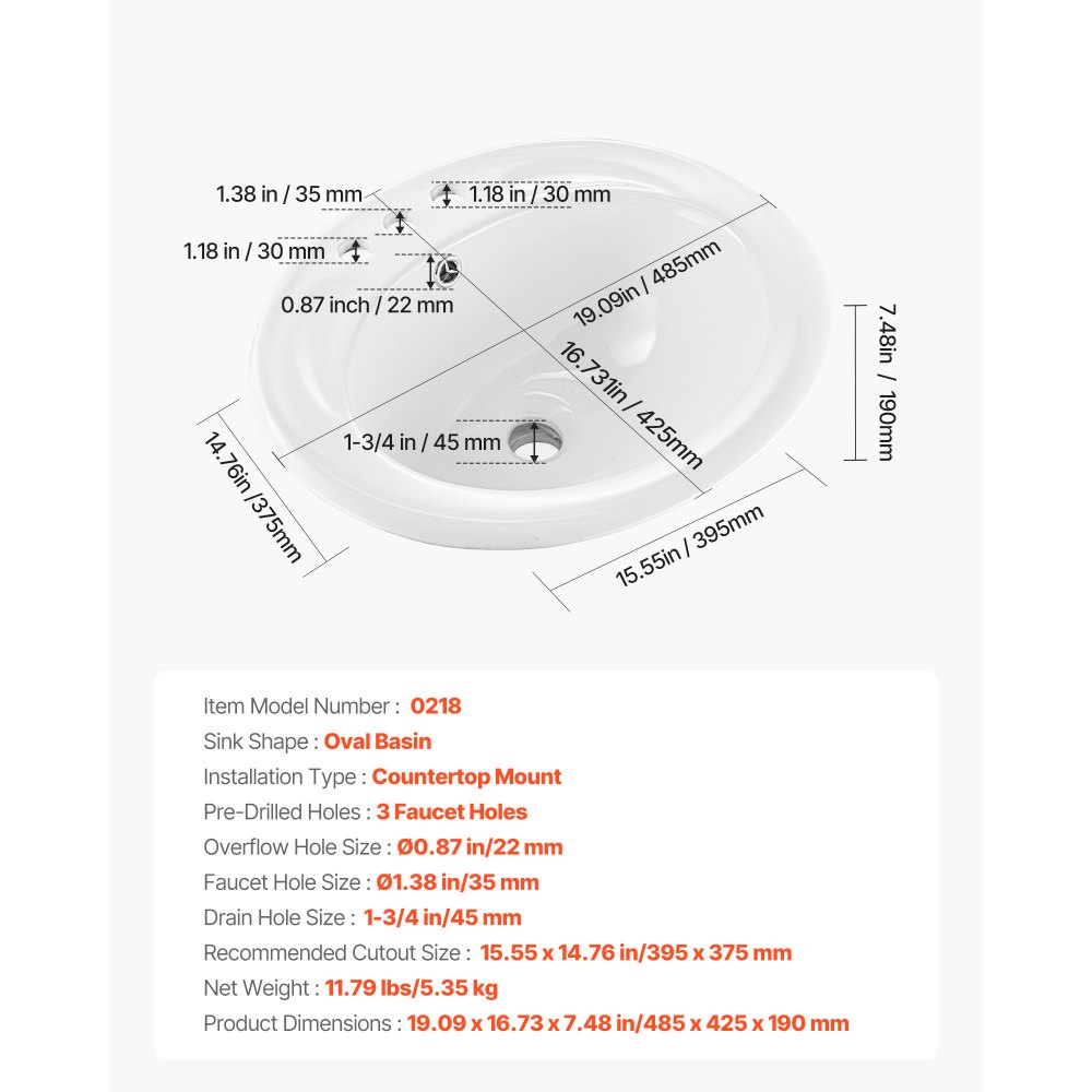 VEVOR Halbeinbauwaschbecken Handwaschbecken 485 x 425 mm ovales Aufsatzwaschbecken mit Überlauf & 3 Wasserhahnlöchern, modernes Einbauwaschbecken für kleine Räume Küchen Badezimmer Weiß
