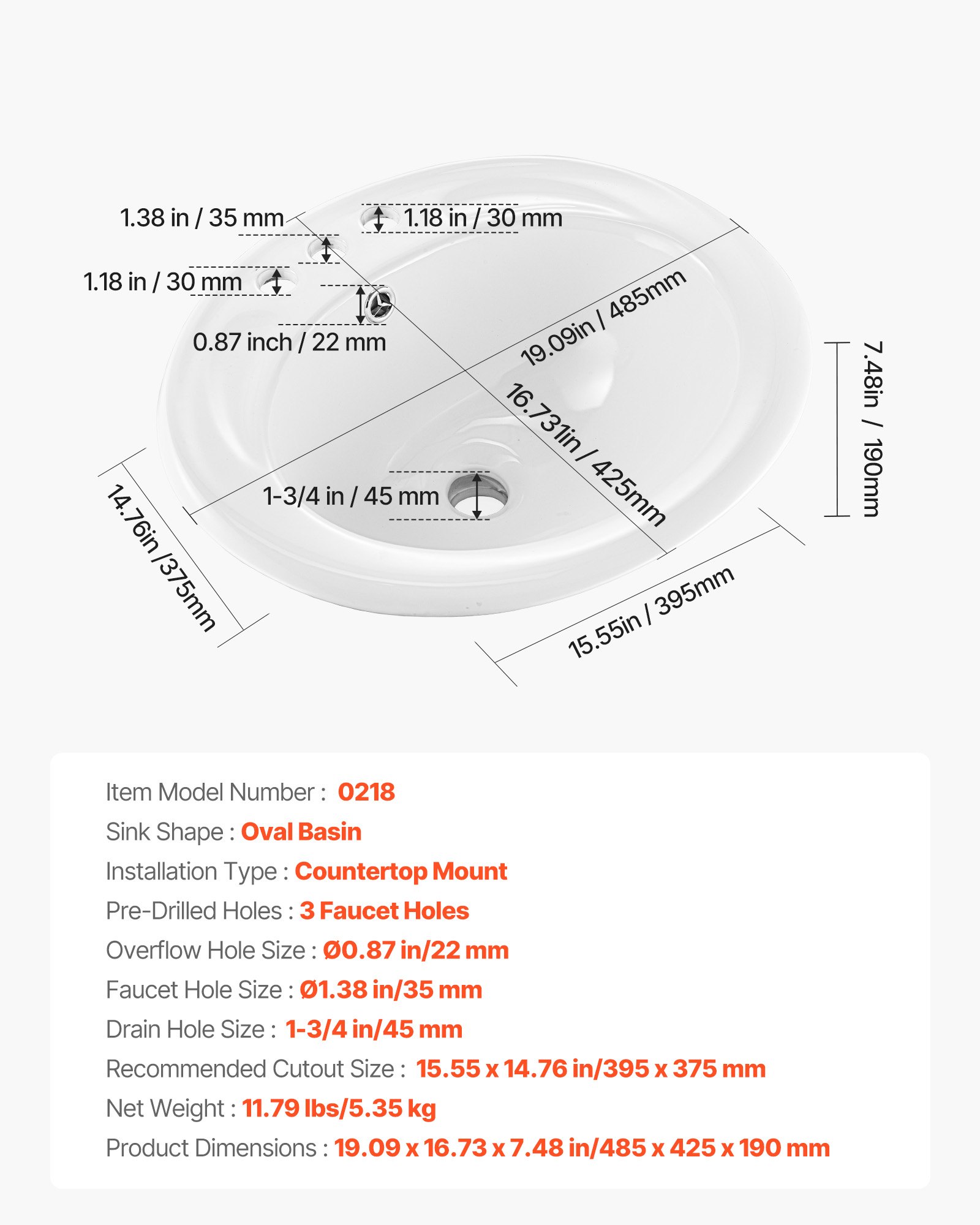 VEVOR Halbeinbauwaschbecken Handwaschbecken 485 x 425 mm ovales Aufsatzwaschbecken mit Überlauf & 3 Wasserhahnlöchern, modernes Einbauwaschbecken für kleine Räume Küchen Badezimmer Weiß