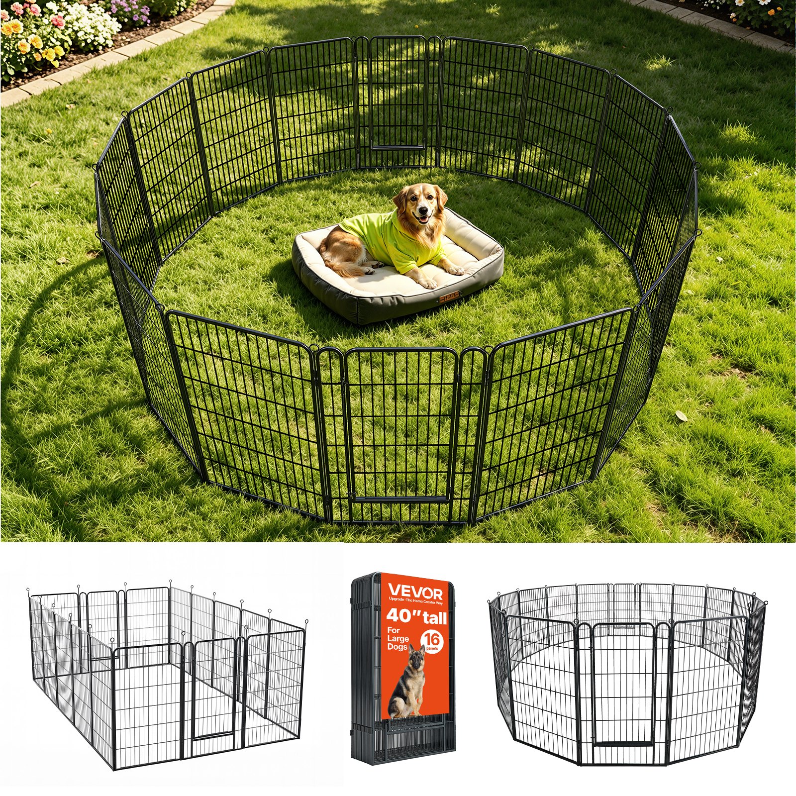 VEVOR Welpenauslauf Welpen-Freigehege Laufgitter Welpenzaun 101,6cm 16-tlg., Spielplatz für Große Hunde Katzen & Andere Kleintiere Faltbar Durch die Verschiedenen Formen Vielfältig Einsetzbar