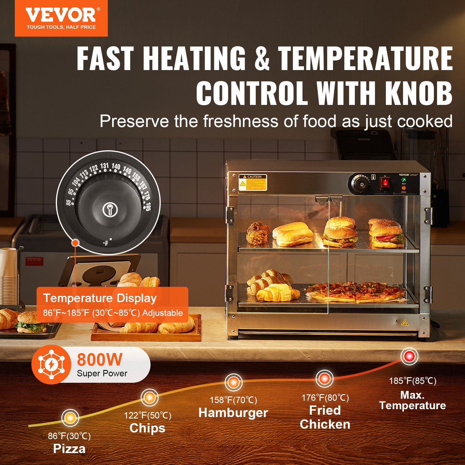 VEVOR 2-stufiger kommerzieller Speisenwärmer, 800 W Speisenwärmer mit Licht zur Aufwertung der Speisenpräsentation, 30 °C bis 85 °C Temperaturregelung, 58 l großes Fassungsvermögen für Hamburger, Pizza, Brot, Brathähnchen
