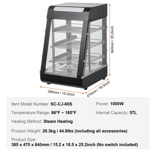 VEVOR 3-stufiger Speisenwärmer – 1000 W, 57 L, 30–85 °C, Mit Licht & Verstellbaren Böden – Für Pizza, Burger & Co.