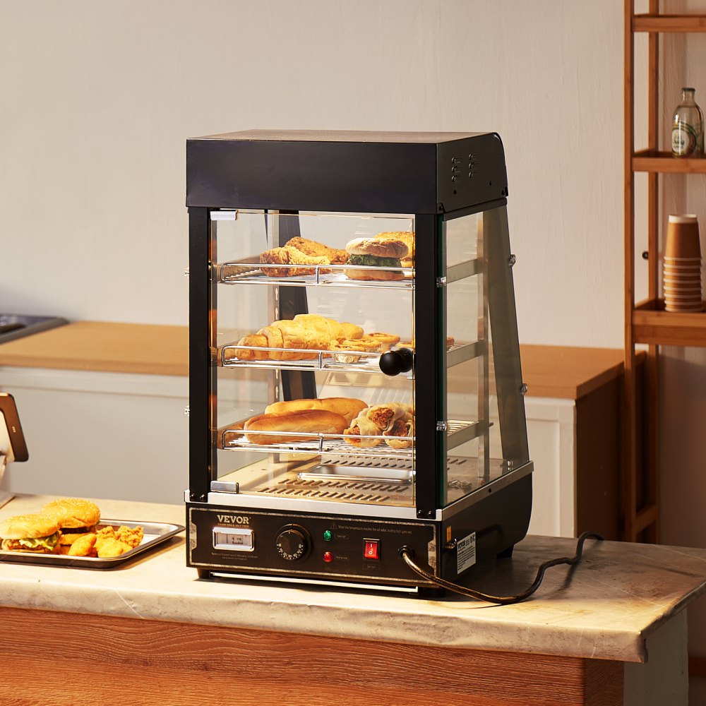 VEVOR 3-Tier Commercial Food Warmer, 1000W Food Warmer with Light, Adjustable Shelf and Temperature Display, 30℃ - 85℃ Steam Heating, 57L Capacity for Hamburgers, Pizza, Bread, Roast Chicken