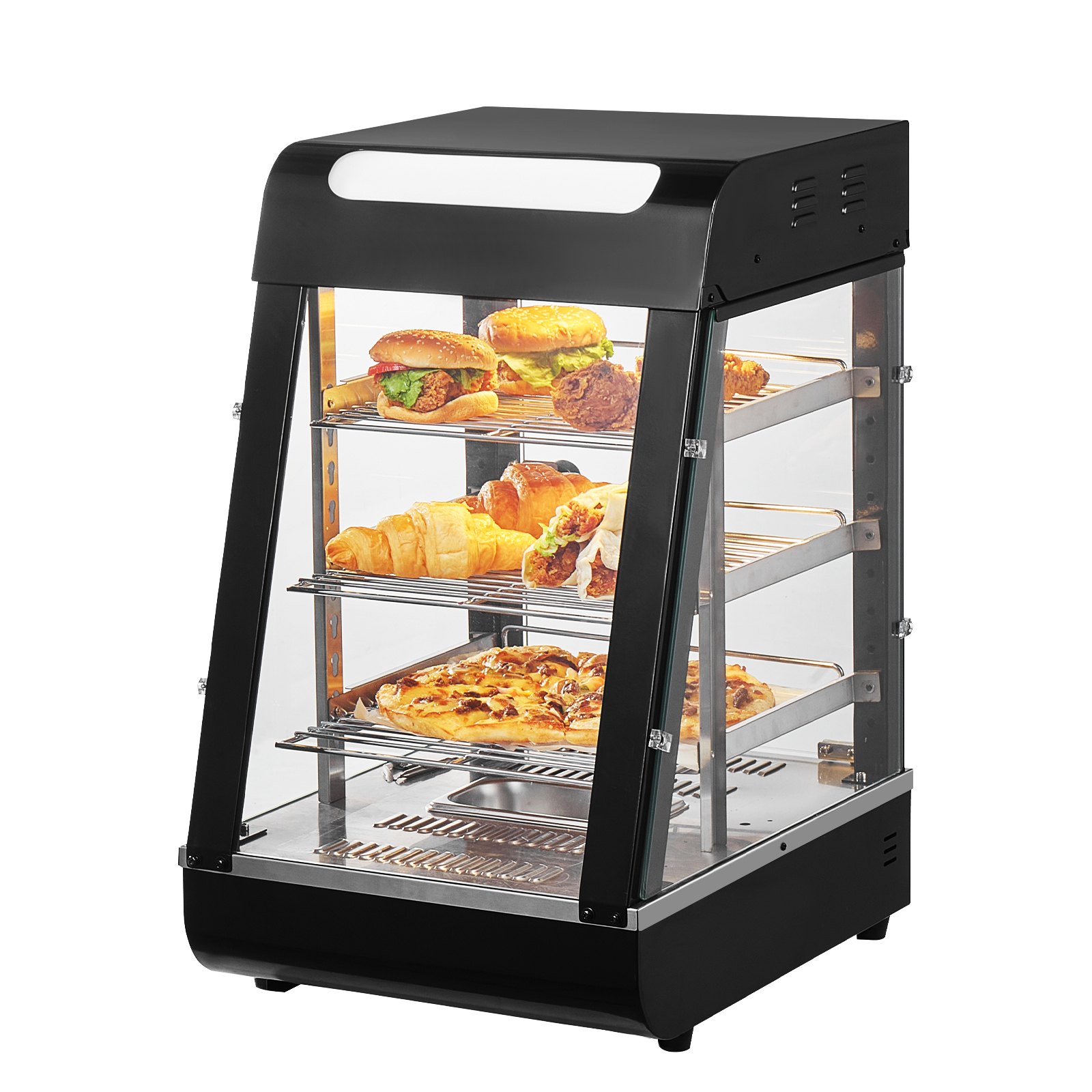 VEVOR 3-stufiger kommerzieller Speisenwärmer, 1000 W Speisenwärmer mit Licht, verstellbarer Ablage und Temperaturanzeige, 30 ℃ - 85 ℃ Dampferhitzung, 57 l für Hamburger, Pizza, Brot, Brathähnchen