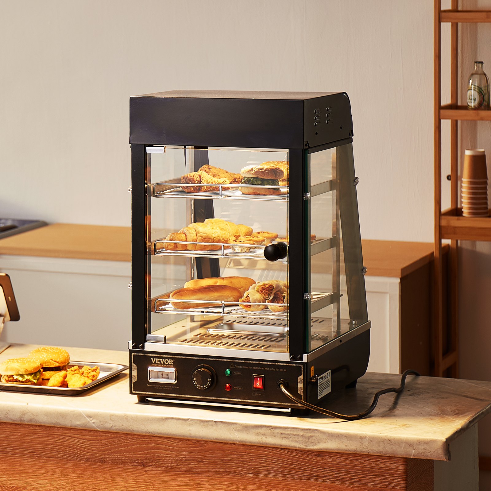 VEVOR 3-Tier Commercial Food Warmer, 1000W Food Warmer with Light, Adjustable Shelf and Temperature Display, 30℃ - 85℃ Steam Heating, 57L Capacity for Hamburgers, Pizza, Bread, Roast Chicken