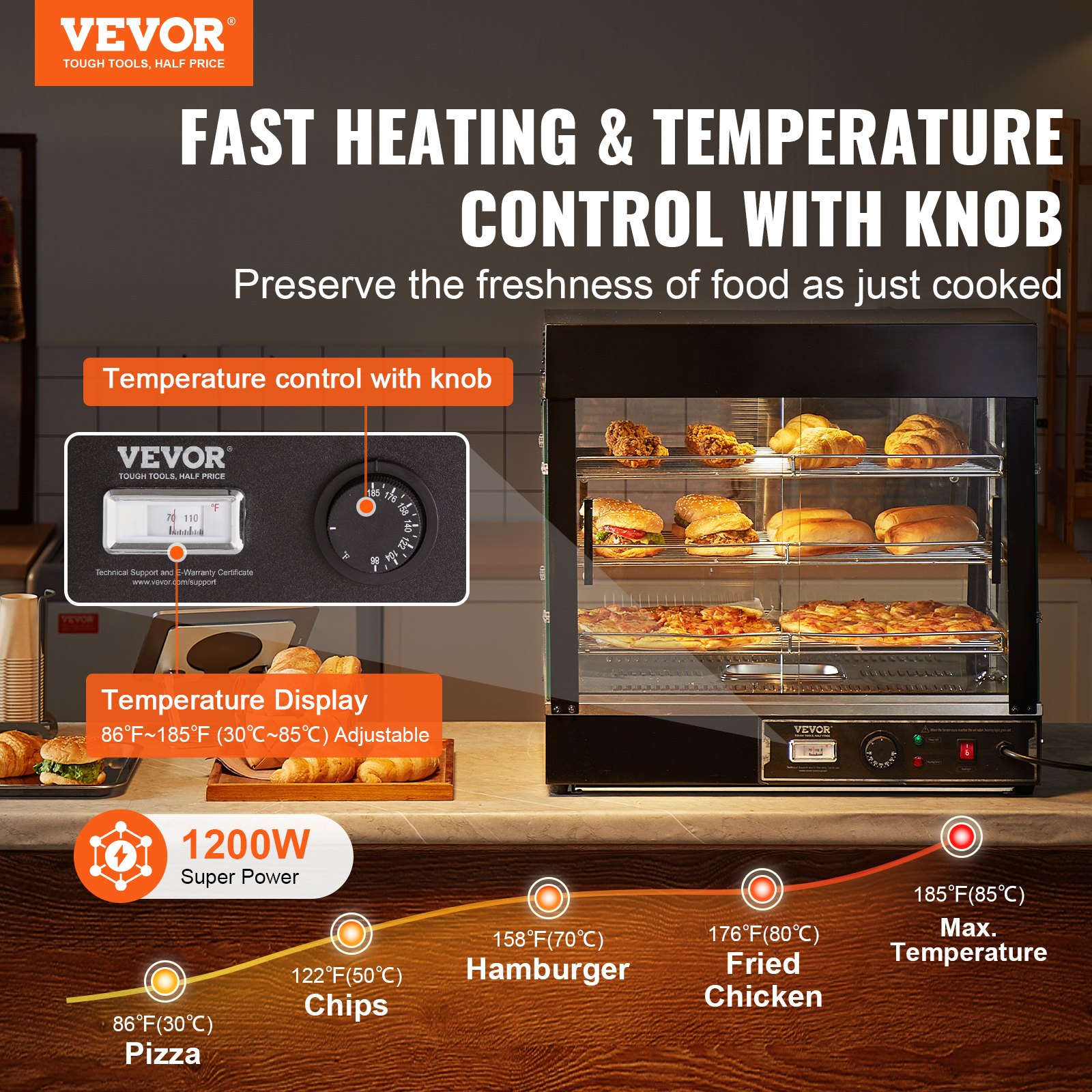 VEVOR 3-stufiger kommerzieller Speisenwärmer, 1200 W Speisenwärmer mit Licht, verstellbarer Ablage und Temperaturanzeige, 30 ℃ - 85 ℃ Dampfheizung, 111 l für Hamburger, Pizza, Brot, Brathähnchen