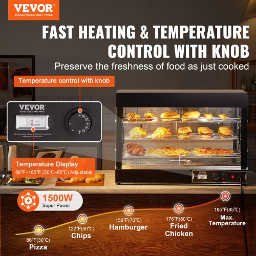 Produktbild von VEVOR 3-stufiger Speisenwärmer 1500 W – 130 L, 30–85 °C Dampfheizung, Mit Verstellbaren Ablagen, LED-Beleuchtung, Temperaturanzeige, Für Pizza & Hähnchen