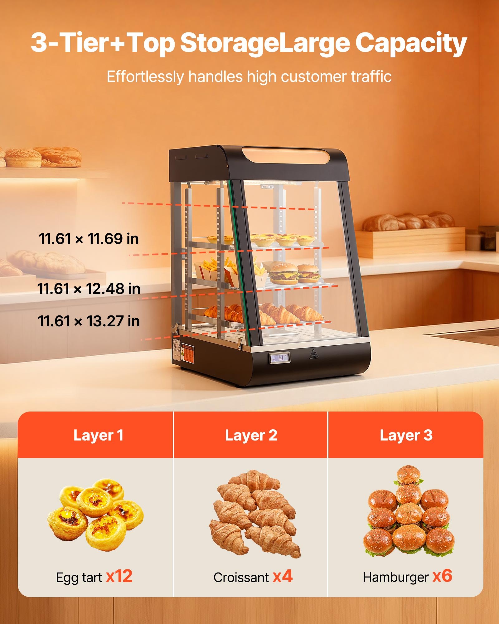 VEVOR 3-stöckige Wärmetheke 57 L, Warmhaltevitrine 800 W, Warmhaltetheke 30–85 °C, Speisenwärmer mit LED-Beleuchtung & Verstellbaren Ablagen, Speisevitrine für Hamburger Pizza Brot Brathähnchen