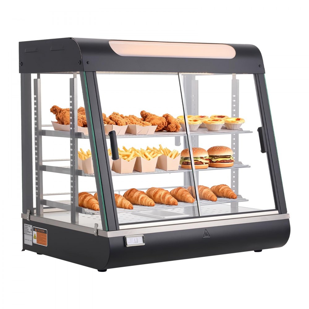 VEVOR 3-stöckige Wärmetheke 100 L, Warmhaltevitrine 1200 W, Warmhaltetheke 30–85 °C, Speisenwärmer mit LED-Beleuchtung & Verstellbaren Ablagen, Speisevitrine für Hamburger Pizza Brot Brathähnchen