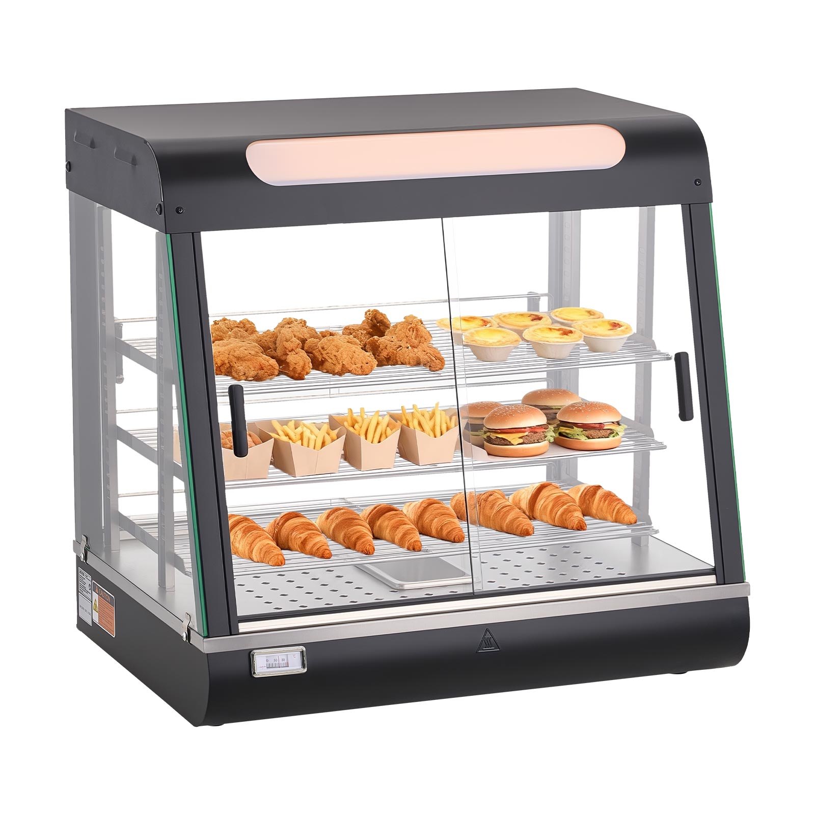 VEVOR 3-stöckige Wärmetheke 100 L, Warmhaltevitrine 1200 W, Warmhaltetheke 30–85 °C, Speisenwärmer mit LED-Beleuchtung & Verstellbaren Ablagen, Speisevitrine für Hamburger Pizza Brot Brathähnchen