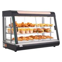 VEVOR 3-stöckige Wärmetheke 130 L, Warmhaltevitrine 1400 W, Warmhaltetheke 30–85 °C, Speisenwärmer mit LED-Beleuchtung & Verstellbaren Ablagen, Speisevitrine für Hamburger Pizza Brot Brathähnchen