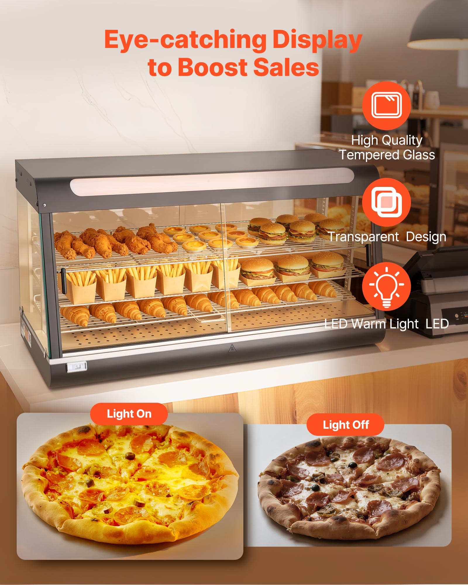 VEVOR 3-stöckige Wärmetheke 180 L, Warmhaltevitrine 1600 W, Warmhaltetheke 30–85 °C, Speisenwärmer mit LED-Beleuchtung & Verstellbaren Ablagen, Speisevitrine für Hamburger Pizza Brot Brathähnchen