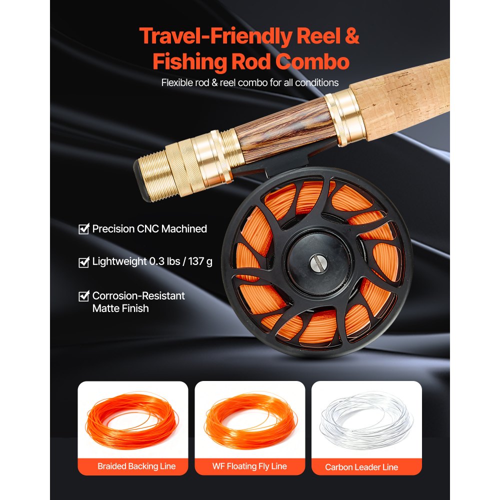 VEVOR Fliegenfischer-Kombi-Set, IM7 Carbon-Fliegenrute und -Rolle, Starter-Set mit Rutentasche & Tacklebox & 6 Kurzschwanz- und 4 Langschwanz-Fliegenhaken, ideal für Reisen und Urlaub