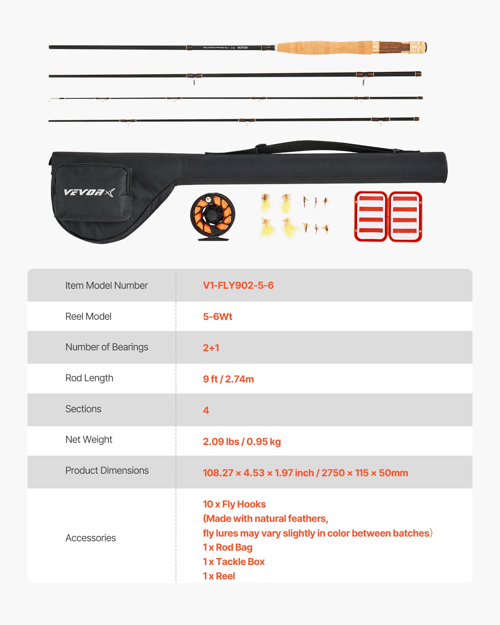 VEVOR Fliegenfischer-Kombi-Set, IM7 Carbon-Fliegenrute und -Rolle, Starter-Set mit Rutentasche & Tacklebox & 6 Kurzschwanz- und 4 Langschwanz-Fliegenhaken, ideal für Reisen und Urlaub