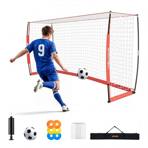 VEVOR Fußballtor 3,6 x 1,8 m Klappbares Soccertor mit Fiberglasrahmen Rot, für Fußballplätze Parks und Schulen, Polyesternetz bis 113 km/h, Bodenanker, Metallsockel und Oxford-Aufbewahrungstasche