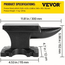 VEVOR Schmiedeamboss Gusseisen Amboss robuster Hornamboss Schmiedewerkzeug 209HB mit Einzelnes rundem Beck-Horn 25 lbs/11 kg Schwarz 17,2 x 8,9 cm breite Arbeitsplatte für Metallschmiede