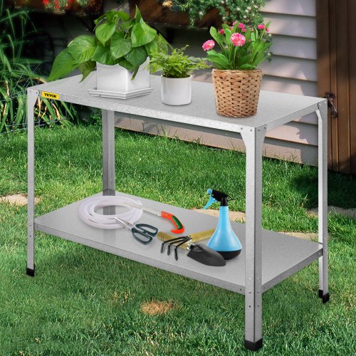 VEVOR Pflanztisch aus Verzinktem Stahl Pflanzregal 116x50x81cm Werkbank mit 2 Schichten Arbeitstisch 20 kg Tragfähigkeit pro Schicht Metallregal Lagerregal Ideal für Balkon Terrasse Gewächshaus