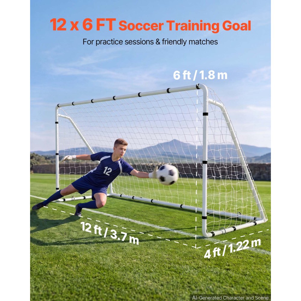 VEVOR Fußballtor 3,7 x 1,8 m Tragbares Soccertor mit Eisenrohrrahmen Weiß, für Gärten Parks Schulen und Schulsportplätze, mit PE-Netz für über 110 km/h, Bodenankern, Befestigungsbändern und Anleitung