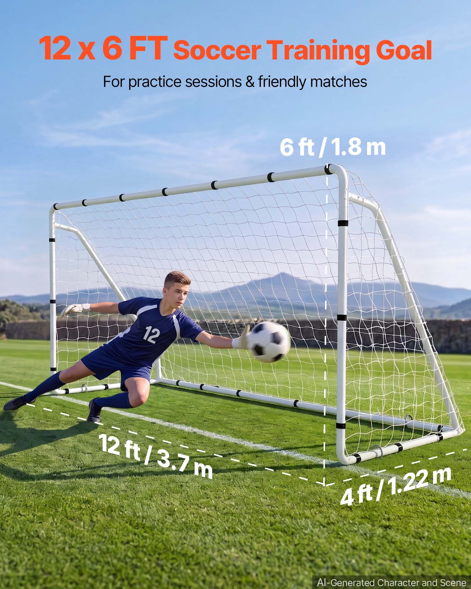 VEVOR Fußballtor 3,7 x 1,8 m Tragbares Soccertor mit Eisenrohrrahmen Weiß, für Gärten Parks Schulen und Schulsportplätze, mit PE-Netz für über 110 km/h, Bodenankern, Befestigungsbändern und Anleitung