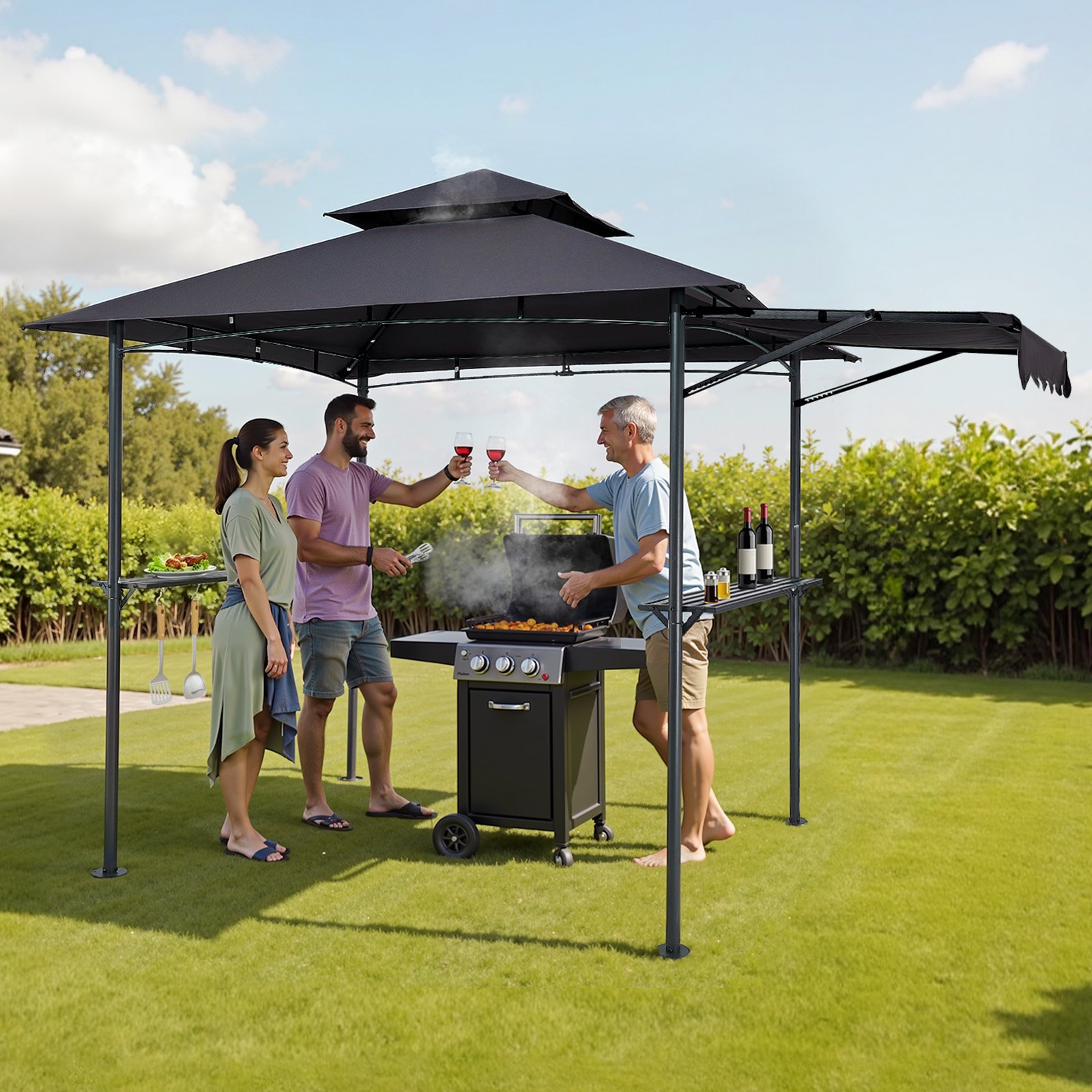 VEVOR Grillpavillon, 2430x1500x500mm, Grillüberdachung für Außengrill, 2-stufige BBQ-Gazebo-Überdachung, Doppeldach Gartenpavillon mit zusätzlicher Markise, für Terrasse, Hof & Garten