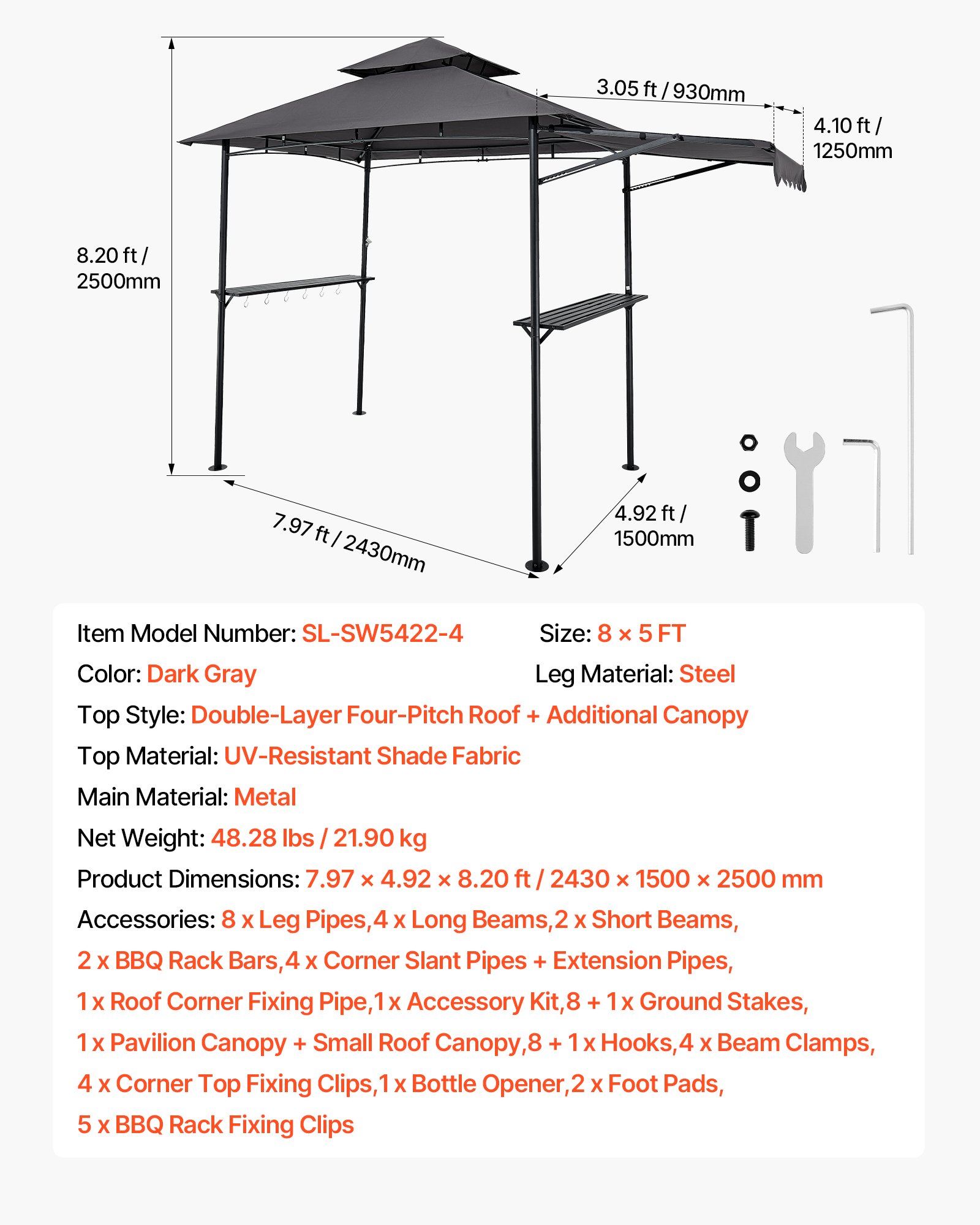 VEVOR Grillpavillon, 2430x1500x500mm, Grillüberdachung für Außengrill, 2-stufige BBQ-Gazebo-Überdachung, Doppeldach Gartenpavillon mit zusätzlicher Markise, für Terrasse, Hof & Garten