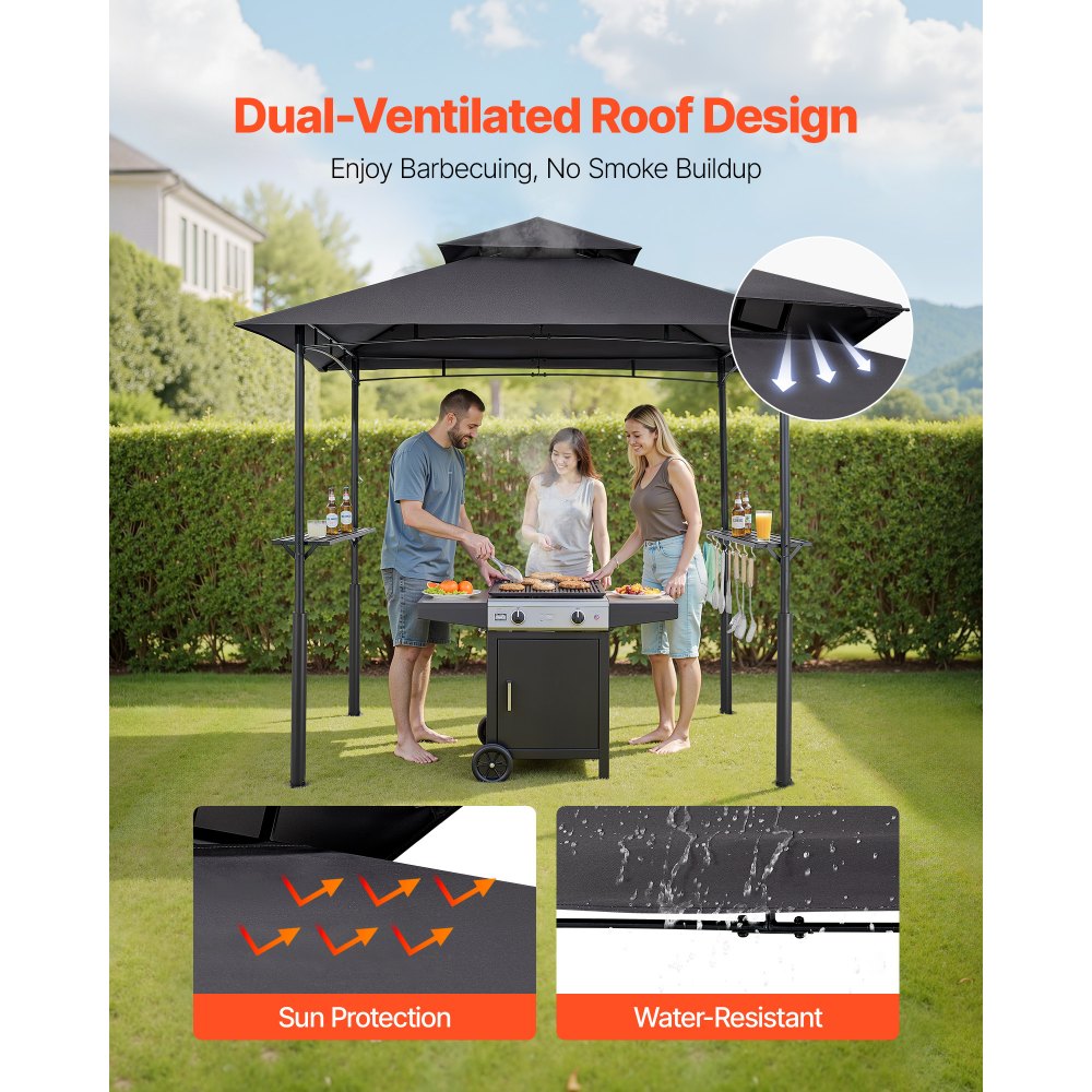 VEVOR Grillpavillon, 2430x1500x500 mm, Grillüberdachung für Außengrill, 2-stufige BBQ-Gazebo-Überdachung, Doppeldach Gartenpavillon mit verstärkten Stützbeinen, für Terrasse, Hinterhof & Garten