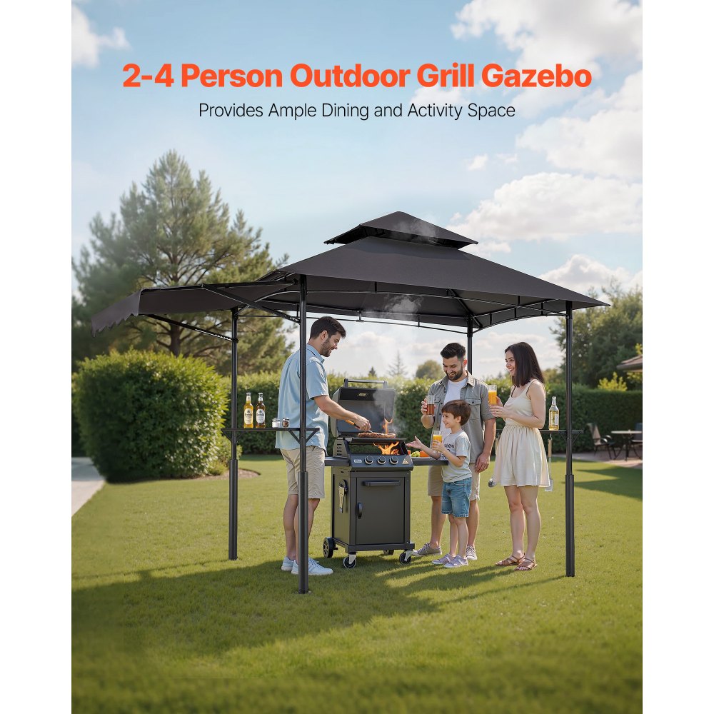VEVOR Grillpavillon, 2430x1500x500mm, Grillüberdachung Außengrill, 2-stufige BBQ-Gazebo-Überdachung, Doppeldach Gartenpavillon mit verstärkten Stützbeinen & Markise, für Terrasse, Hof & Garten