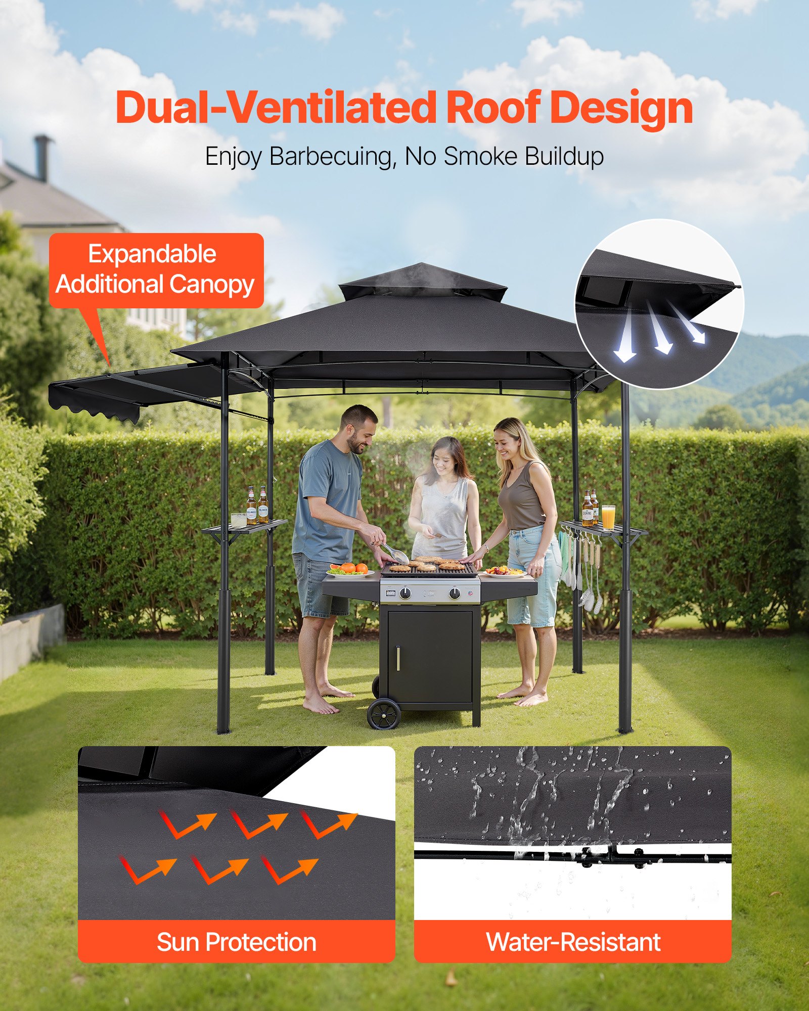 VEVOR Grillpavillon, 2430x1500x500mm, Grillüberdachung Außengrill, 2-stufige BBQ-Gazebo-Überdachung, Doppeldach Gartenpavillon mit verstärkten Stützbeinen & Markise, für Terrasse, Hof & Garten