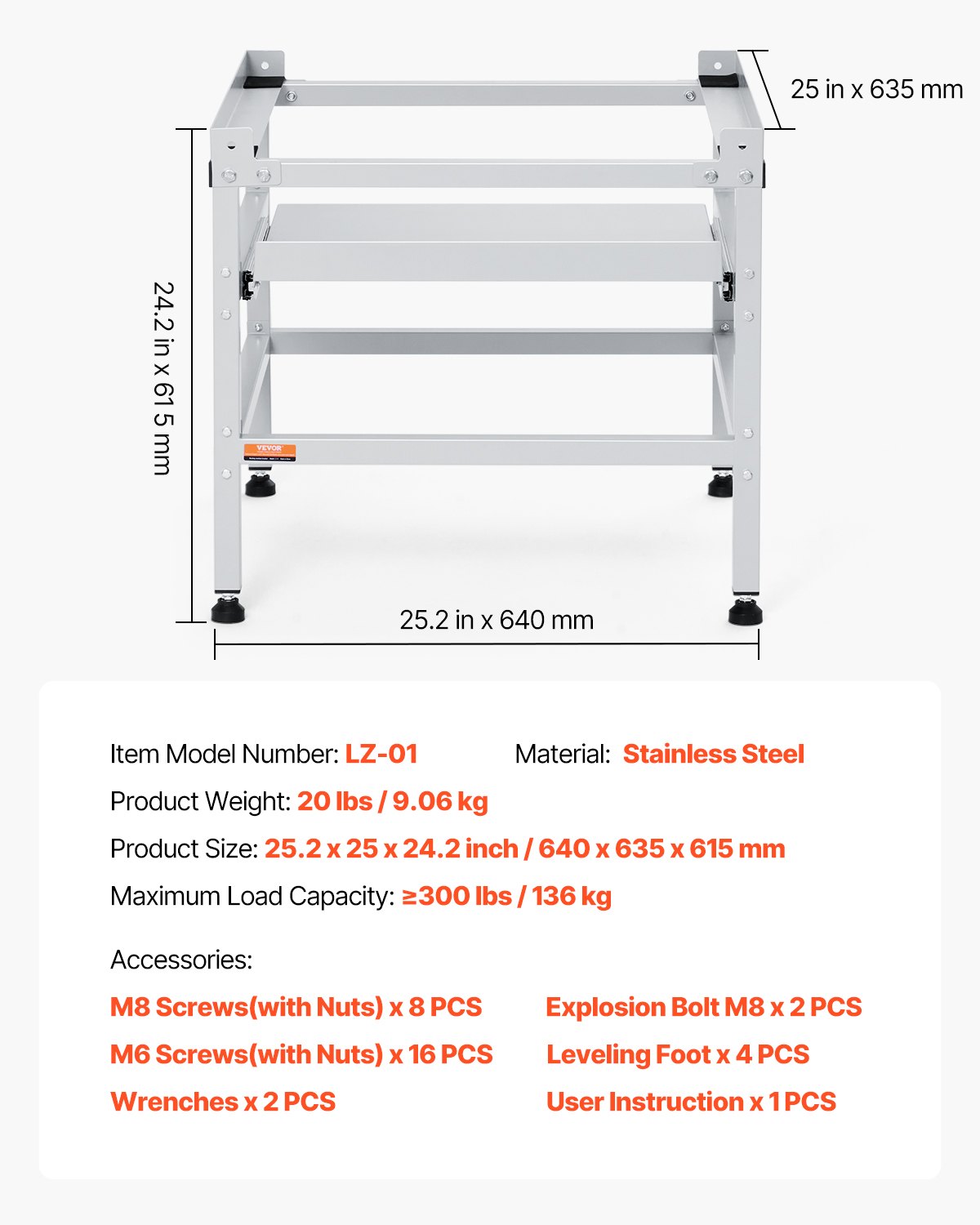 VEVOR Waschmaschinen-Untergestell, 640x635x615mm Podest für Waschmaschine, 136kg Tragkraft, Waschmaschinen- & Trocknersockel mit Ablage, 4 verstellbare Füße zum Anheben von Waschmaschinen, Karbonstahl