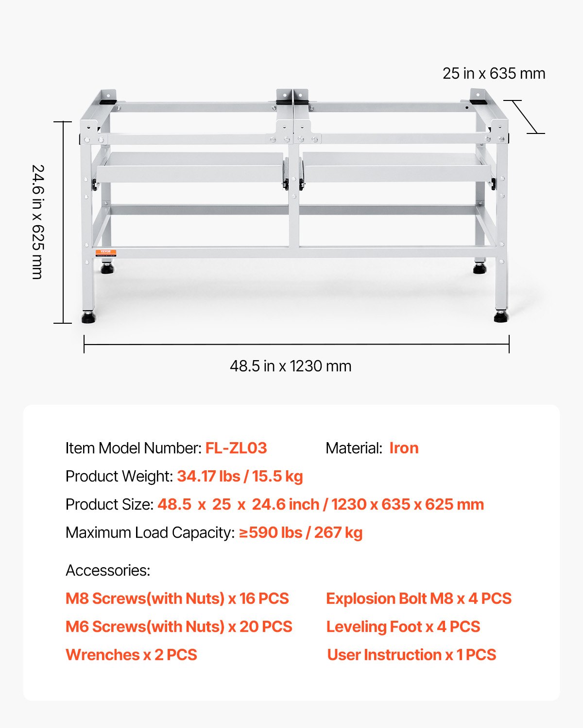 VEVOR Waschmaschinen-Untergestell, 1230x635x625 mm  Podest für Waschmaschine, 267 kg Tragkraft, Waschmaschinen- & Trocknersockel mit Doppelablagen, 4 verstellbare Füße zum Anheben von Waschmaschinen