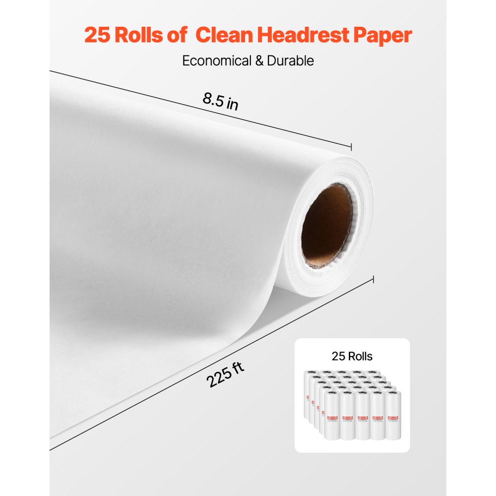 VEVOR Einwegauflagen für Gesichtskissen und Massageliege, 25 Packungen 216 mm x 68,58 m, Einweg-Kopfstützenpapier, ideal für Massage-, Untersuchungs- und Chiropraktiktische, weiß