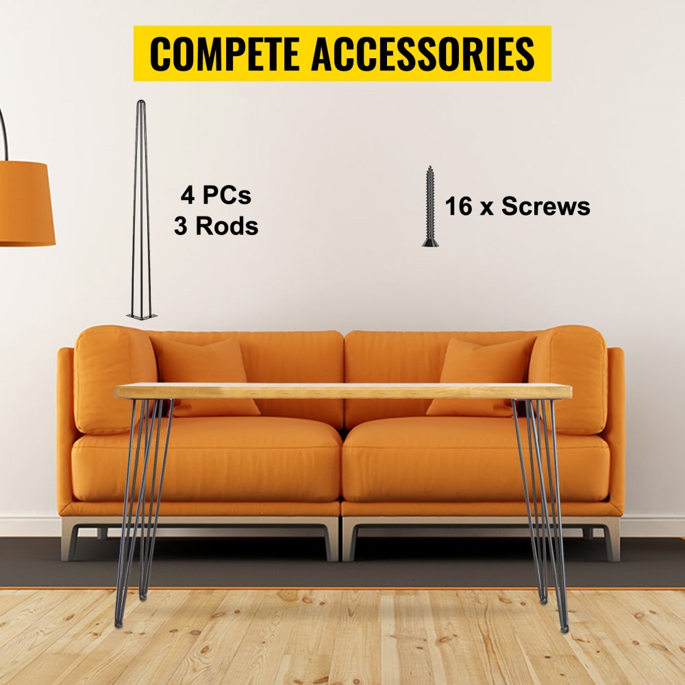 VEVOR Tischbein Metall 86,3 cm Tischgestell Metall Schwarz 4 Stück Haarnadel Tischbeine 3 Pfosten Haarnadel Bein Kohlenstoffstahl mit 4