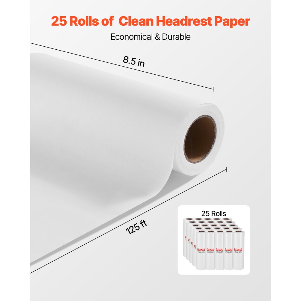 VEVOR Einwegauflagen für Gesichtskissen & Massageliege, 25 Packungen 216 mm x 38,1 m, mit Krepp, Kopfstützenpapier, ideal für Massage-, Untersuchungs- & Chiropraktiktische, Weiß