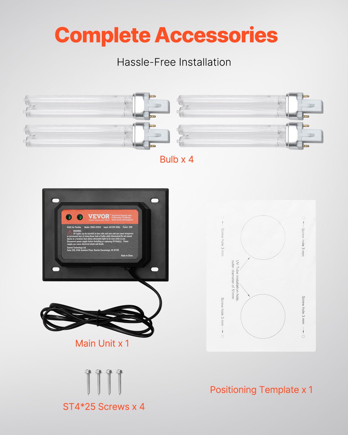 VEVOR HVAC-Luftreiniger für das ganze Haus, 18 W, 175 mm, UV-UVC-Licht im Kanal für Klimaanlagenkanäle, Luftwäscher mit 2 Ersatzbirnen, HVAC-UV-Lampen, Air Purifier für Klimaanlagen
